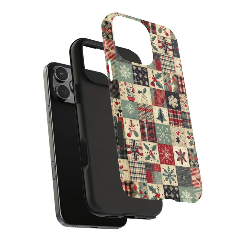 Holiday Quilt Pattern Phone Cover, Vintage Christmas Patchwork iPhone Case, Retro Winter Festive Phone Case, Dual Layer Xmas Present