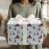 Winter Pine Trees Gift Wrap, Santa Claus on Red Snowmobile Wrapping Paper, Watercolor Christmas Wrapping Paper, Holiday Present Paper