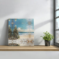 Tropical Ocean Palm Christmas Canvas Print, Coastal Christmas Tree Canvas Art, Beach Holiday Home Decor, Coastal Winter Canvas Art