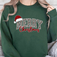 Leopard Print Santa Hat Holiday Crewneck, Merry Christmas Sweatshirt, Comfy Buffalo Plaid Xmas Sweater, Winter Holiday Pullover, Present for Her