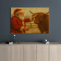 Vintage Farmhouse Christmas Canvas Print, Santa Claus with Highland Cow Canvas Art, Rustic Holiday Cattle Wall Decor, Xmas Home Decor Present