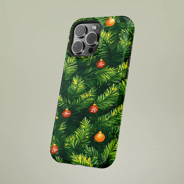 Festive Winter Holiday Pine Needle Case, Christmas Tree Branch Phone Case for iPhone, Xmas Ornament Pattern Tough Phone Cover