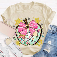 Festive Teacher Holiday Shirt, Christmas Lights Snowflakes Bow Apple T-Shirt, Adorable Coquette Winter Graphic Tee, Xmas Present for Her