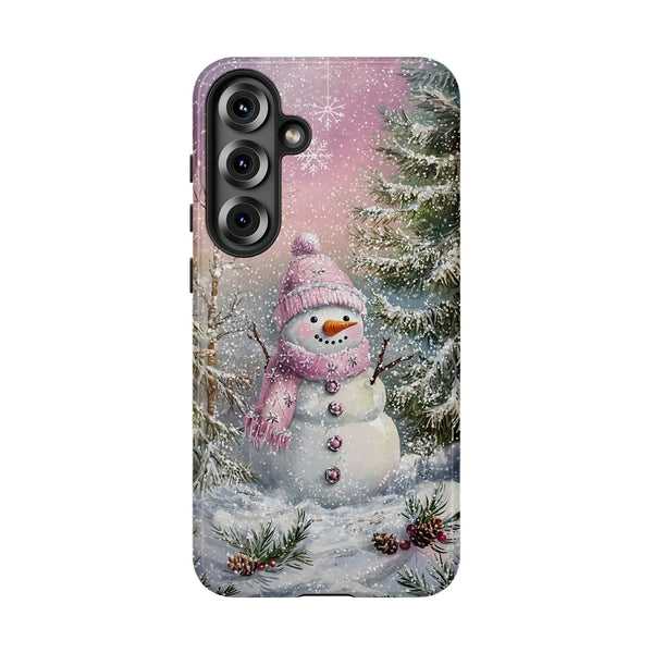 Winter Forest Snowy Landscape Phone Case, Whimsical Pink Snowman Samsung Phone Case, Dual Layer Tough Phone Cover, Christmas 