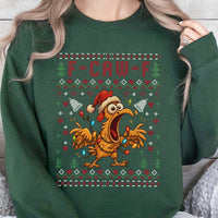 Humorous Ugly Holiday Rooster Sweater, F-Caw-F Chicken Christmas Sweatshirt, Sarcastic Farm Animal Crewneck, Hilarious Xmas Party Pullover