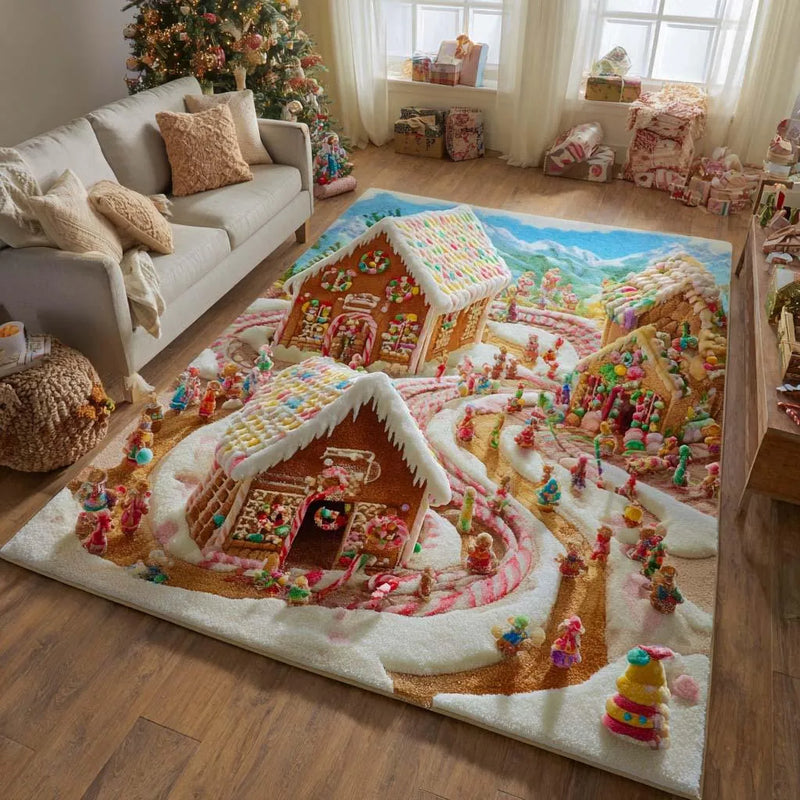 Candyland Christmas Floor Mat, Gingerbread Village Area Rug, Soft Non-Slip Holiday Carpet, Festive Washable Living Room Accent Rug