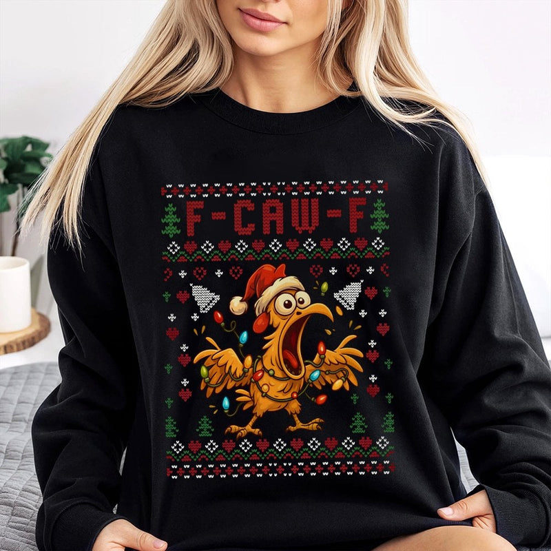 Humorous Ugly Holiday Rooster Sweater, F-Caw-F Chicken Christmas Sweatshirt, Sarcastic Farm Animal Crewneck, Hilarious Xmas Party Pullover