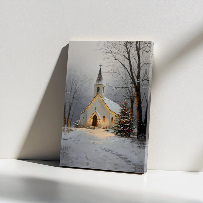 Snowy Christmas Landscape Canvas Print, Winter Church Canvas Wall Art, Country Chapel Holiday Scene Canvas Decor, Digital Download