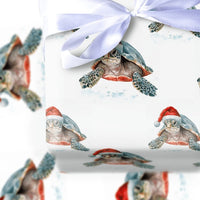 Santa Hat Ocean Gift Wrap, Sea Turtle Christmas Wrapping Paper, Watercolor Marine Animal Present Paper, Coastal Holiday Gift Wrapping Paper