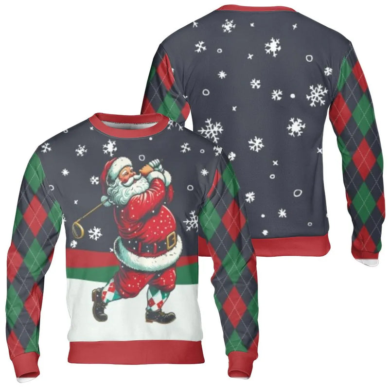 Argyle Golfer Holiday Sweater, Santa Golfing Ugly Christmas Sweatshirt, Humorous Golf Xmas Crewneck, Sports Lover Winter Pullover Present