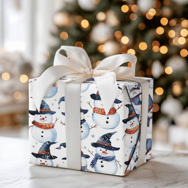 Watercolor Winter Snowmen Gift Wrap, Wizard Snowman Wrapping Paper, Magical Witch Hat Gift Wrapping Paper, Festive Christmas 