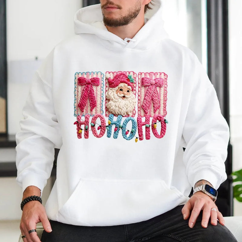 Faux Yarn Christmas Hoodie, Santa Claus Ho Ho Ho Hoodie, Retro Santa Sweatshirt, Holiday Santa Claus Pullover, Winter Xmas Present for Women