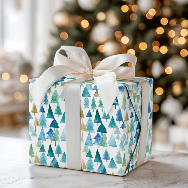 Blue Green Christmas Gift Wrap, Watercolor Pine Forest Wrapping Paper, Winter Tree Pattern Wrapping Paper, Holiday Season Pre