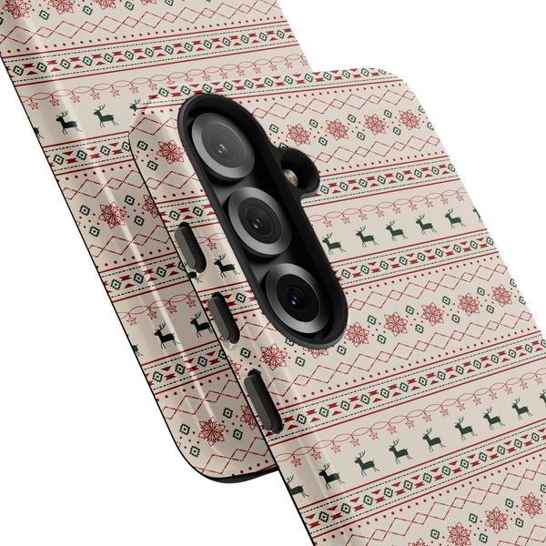 Nordic Reindeer Snowflake Phone Case, Christmas Samsung Phone Case, Dual Layer Holiday Cover, Festive Xmas Galaxy Phone Case 