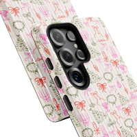 Holiday Wreath and Bow Pattern Phone Cover, Pink Stripe Christmas Phone Case, Festive Winter Samsung Galaxy Case, Xmas Present for Her