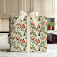 Pinecone and Berry Gift Wrap, Watercolor Ornament Christmas Wrapping Paper, Vintage Holiday Wrapping Paper, Rustic Pine Gift Wrap Roll