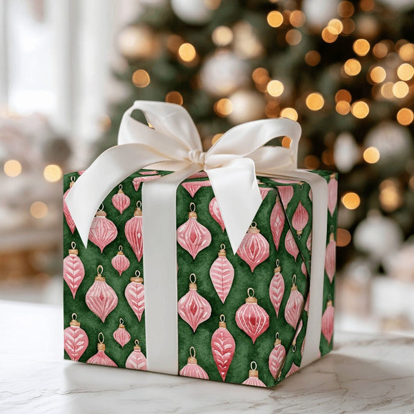 Retro Bauble Christmas Wrapping Paper, Pink Vintage Ornaments Wrapping Paper, Dark Green Holiday Gift Wrap, Watercolor Xmas P