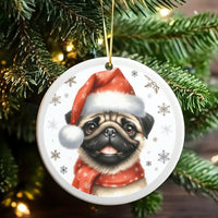 Santa Hat Pug Dog Ornament, Pug Christmas Ornament, Ceramic Pet Holiday Ornament, Adorable Puppy Tree Decor, Dog Lover Christmas Keepsake Present