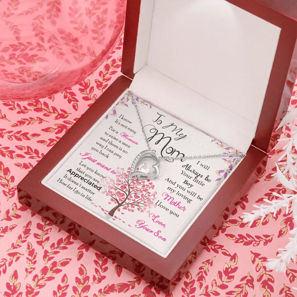 Sparkling CZ Heart Pendant Necklace, To My Mom Forever Love Heart Necklace, 14K White Gold Mom Necklace from Son, Christmas B