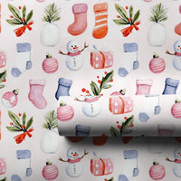 Christmas Icons Wrapping Paper, Watercolor Snowman Stocking Wrapping Paper, Festive Holiday Wrapping Paper Roll, Winter Present Gift Wrap