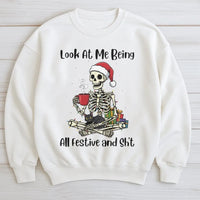 Festive Cat Lover Skeleton Sweater, Humorous Christmas Skeleton Sweatshirt, Spooky Xmas Skeleton Crewneck, Retro Winter Holiday Sweatshirt