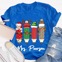 Custom Name Holiday School Graphic Tee, Personalized Christmas Pencils T-Shirt, Teacher and Student Festive Xmas Shirt
