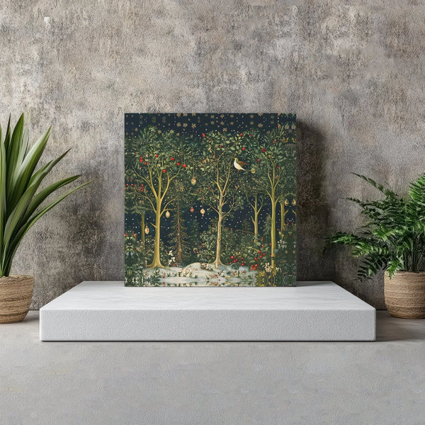 Snowy Woodland Berries Holiday Print, Enchanted Winter Forest Square Canvas Wall Art, Christmas Tree Canvas Poster, Seasonal 