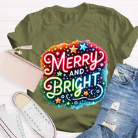 Colorful Retro Holiday Graphic Tee, Merry and Bright Tie Dye Christmas Shirt, Rainbow Xmas T-Shirt, Matching Holiday Outfit