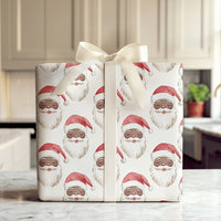 Inclusive Santa Face Gift Wrap, Watercolor Black Santa Wrapping Paper, Adorable Christmas Wrapping Paper, Festive Holiday Present Gift Wrap Roll