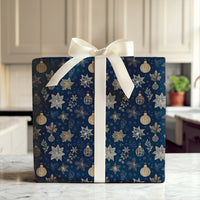 Navy Blue Christmas Gift Wrap, Gold Poinsettia Wrapping Paper, Elegant Botanical Holiday Present Paper, Winter Snowflake Wrapping Paper