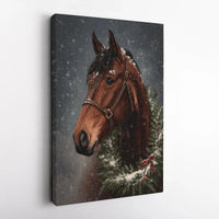 Snowy Equestrian Winter Wreath Portrait, Christmas Horse Canvas Wall Art, Rustic Farmhouse Holiday Decor, Horse Lover Present Art Canvas