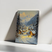 Comfy Winter Cabin Evening Oil Painting Print, Snowy Mountain Village Canvas Wall Art, Alpine Village Christmas Poster, Digital Download