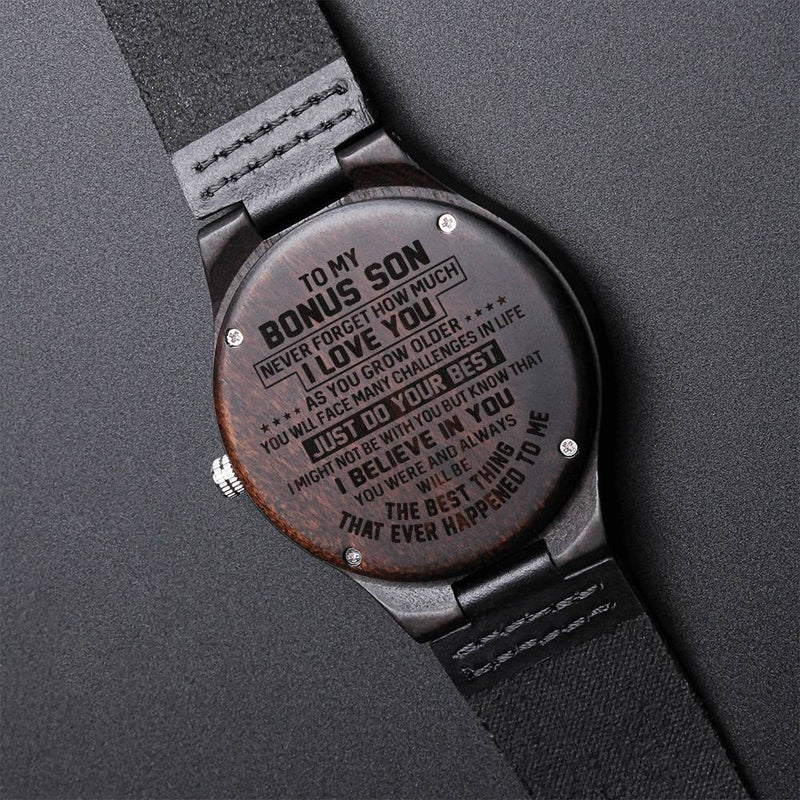 Stepson Sandalwood Watch, Bonus Son Engraved Wooden Watch, Bonus Son Leather Strap Watch, Birthday Keepsake, Christmas Present for Step Son