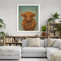 Festive Farmhouse Holiday Canvas Print, Highland Cow Christmas Canvas Wall Art, Comfy Rustic Winter Canvas Art, Seasonal Home Decor Present