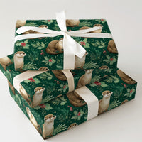 Dark Green Woodland Animal Wrapping Paper, Otter Christmas Holly Wrapping Paper, Adorable Otter Holiday Wrapping Paper, Nature Lover Gift Wrap