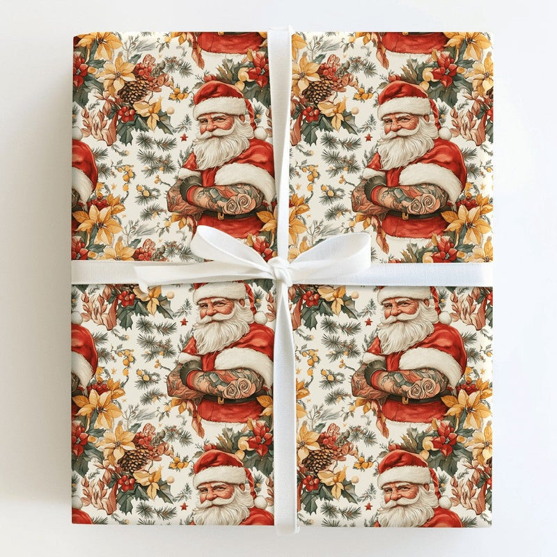 Vintage Floral Santa Gift Wrap, Tattooed Santa Wrapping Paper, Floral Christmas Wrapping Paper, Edgy Holiday Gift Wrap, Retro Xmas Paper