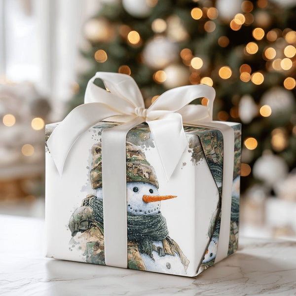 Tactical Soldier Christmas Gift Wrap, Military Camo Snowman Wrapping Paper, Army Veteran Holiday Paper, Festive Present Wrapp