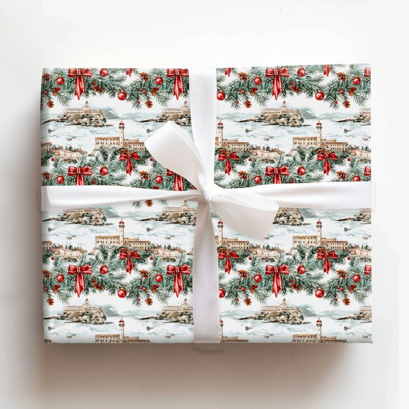 San Francisco Landmark Gift Wrap, Alcatraz Island Wrapping Paper, Holiday Decor Paper, Watercolor Christmas Wrapping Paper Roll