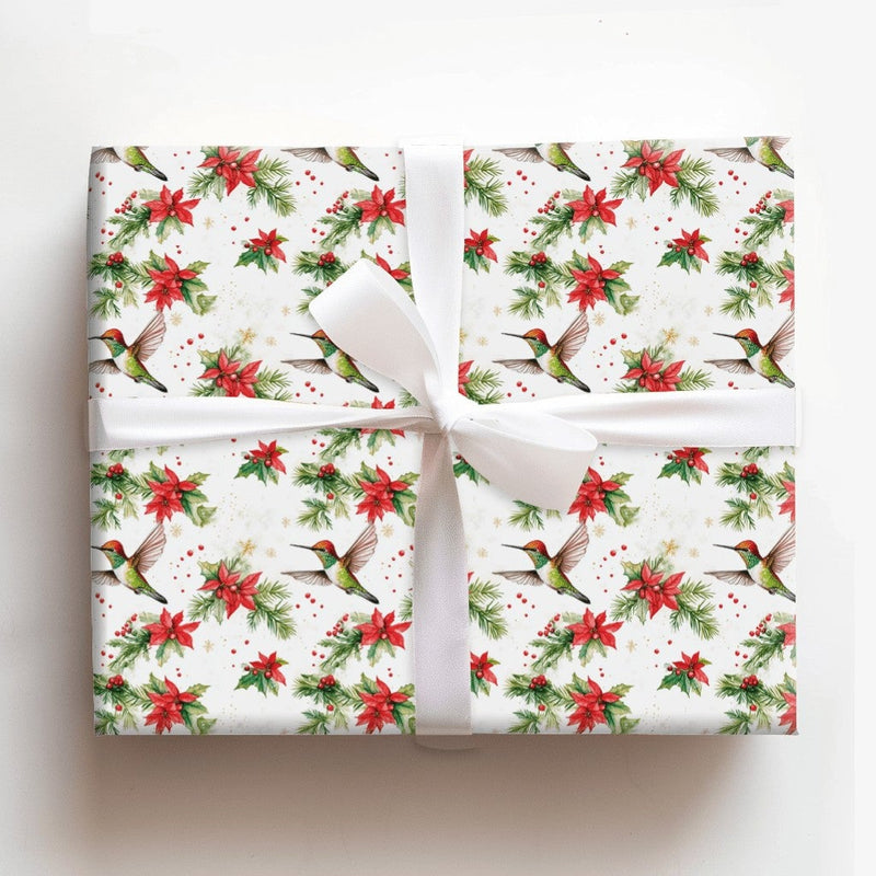 Watercolor Bird Gift Wrap, Hummingbird Christmas Wrapping Paper, Festive Poinsettia Holly Paper, Holiday Gift Wrap Roll