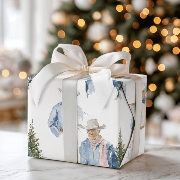 Western Holiday Gift Wrap, Cowboy with Christmas Tree Wrapping Paper, Watercolor Rustic Christmas Wrapping Paper, Country Gif