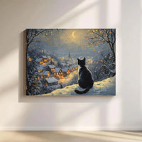 Snowy Village Winter Canvas Art, Black Cat Christmas Canvas Print, Comfy Holiday Night Wall Art, Christmas Cat Canvas Decor, Cat Lover Present