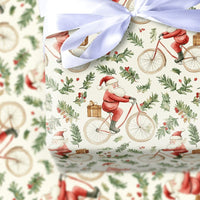 Vintage Bike Riding Santa Gift Wrap, Bicycle Santa Wrapping Paper, Watercolor Holly Berry Paper, Christmas Present Wrapping Paper Roll