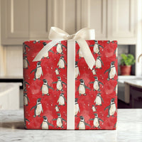 Red Snowy Holiday Gift Wrap, Watercolor Penguin Christmas Wrapping Paper, Adorable Winter Animal Wrapping Paper, Festive Birthday Gift Wrap