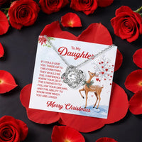 Holiday Deer Message Card Love Knot Pendant, Daughter Christmas Love Knot Necklace, Winter CZ Knot Necklace, Holiday Present for Daughter
