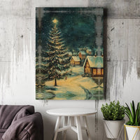 Snowy Winter Landscape Print, Christmas Village Digital Wall Art, Lit Pine Tree Holiday Poster, Festive Xmas Wall Decor Digital Download