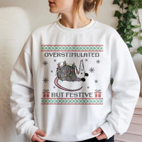 Humorous Opossum Christmas Crewneck, Overstimulated but Festive Possum Sweatshirt, Ugly Holiday Sweater Pullover, Adorable Animal Lover Sweatshirt