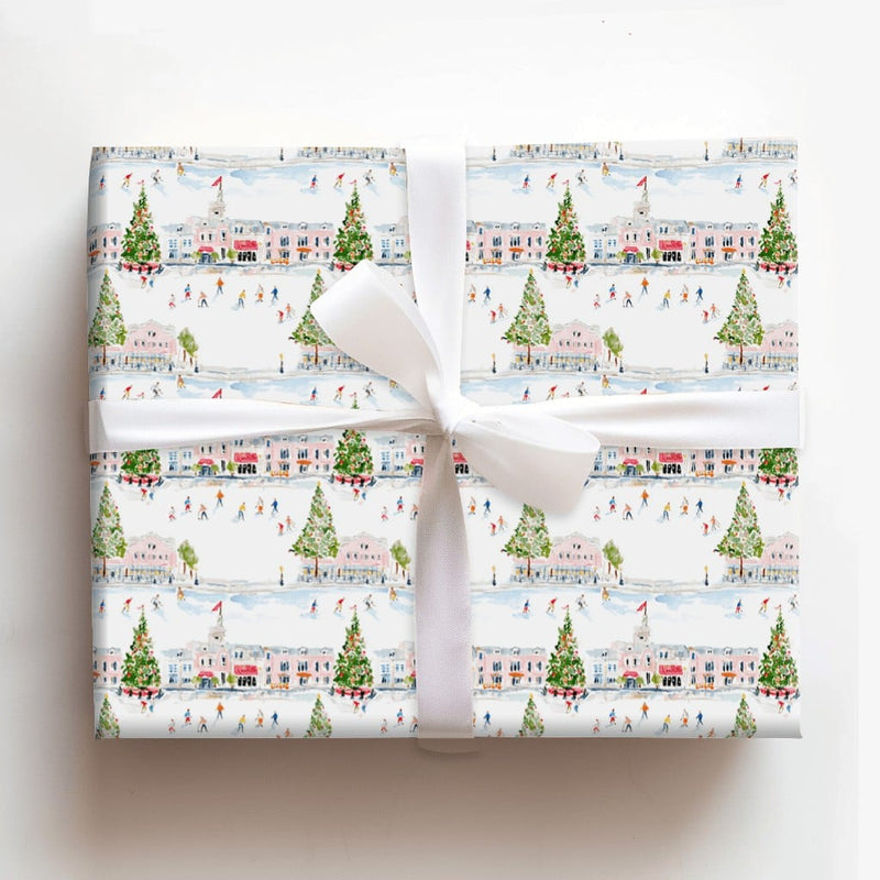 Watercolor Town Square Gift Wrap, Ice Skating Winter Village Wrapping Paper, Festive Christmas Wrapping Paper, Holiday Season Gift Wrap Roll