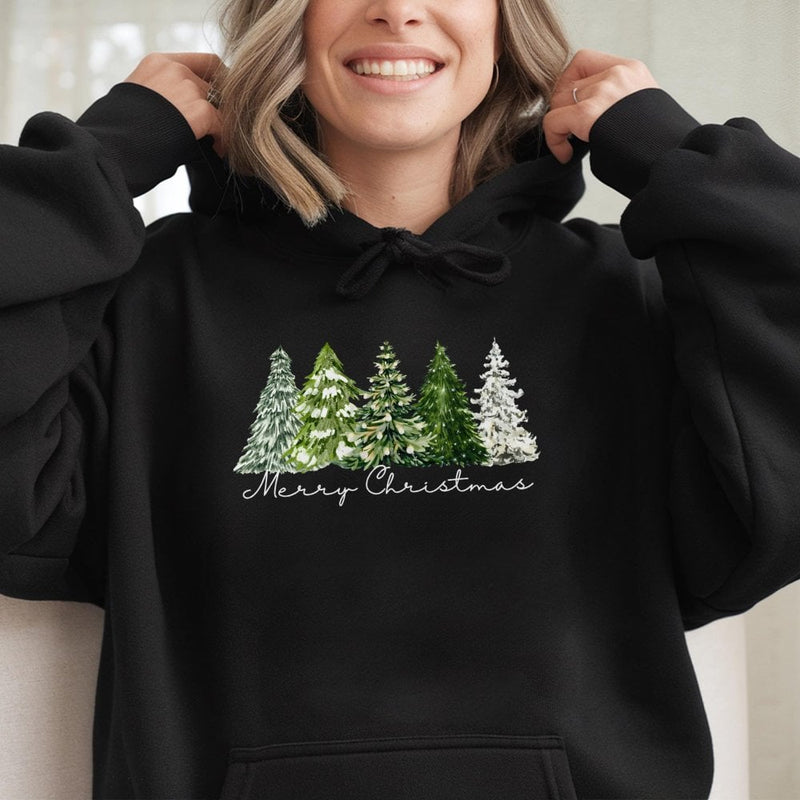 Comfy Botanical Holiday Tree Pullover, Watercolor Christmas Tree Hoodie, Merry Christmas Graphic Hooded Sweatshirt, Festive Winter Present