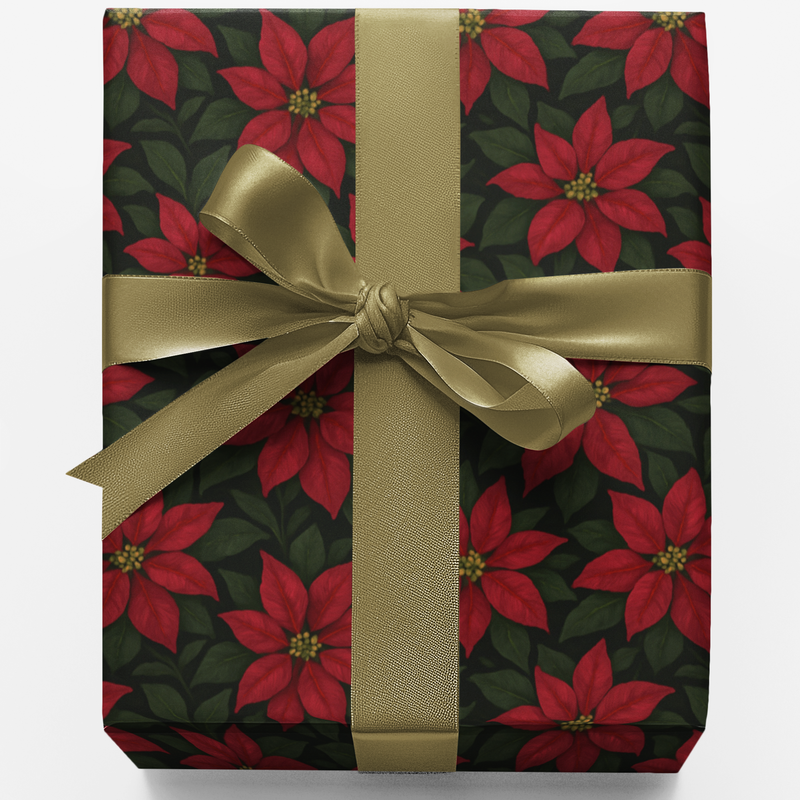 Floral Holiday Gift Wrap Roll, Poinsettia Christmas Wrapping Paper, Vintage Botanical Present Wrap, Winter Seasonal Wrapping Paper Supplies