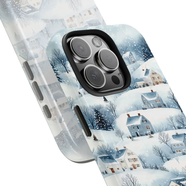 Snowy Christmas Town Cover, Watercolor Winter Village Phone Case, Dual Layer Tough Phone Case, Festive Holiday iPhone Case Pr